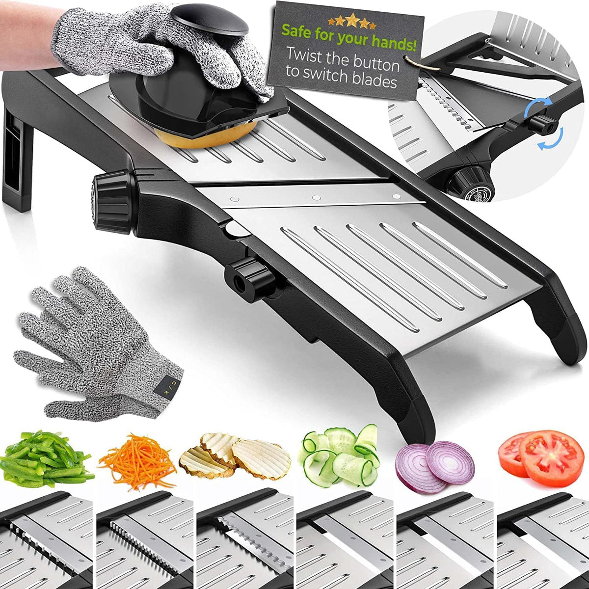 Vegetable Cutter with Adjustable Thickness and Safety Gloves