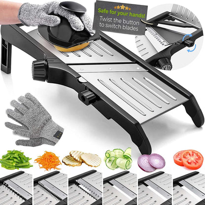 Vegetable Cutter with Adjustable Thickness and Safety Gloves