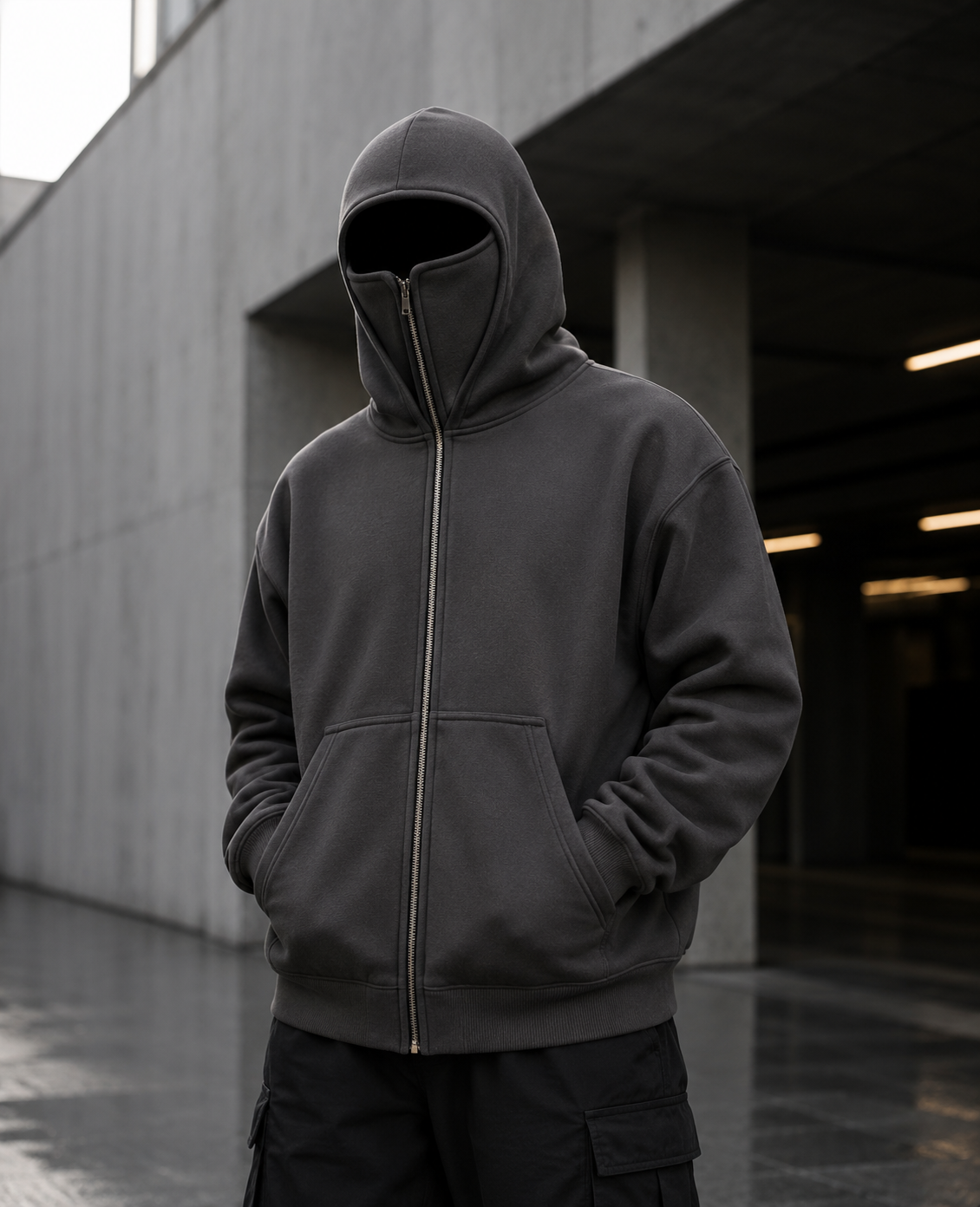 Knit Polyester Ski Mask Sweatshirt with Double Hood, Neck Gaiter, Pockets - Unisex Full Zip Balaclava Hoodie for Winter
