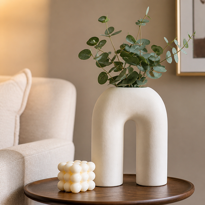 Curved Design Beige Ceramic Flower Vase