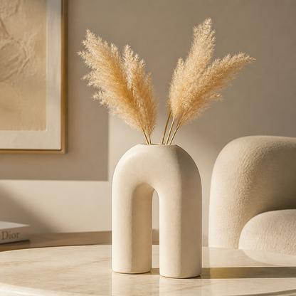 Curved Design Beige Ceramic Flower Vase