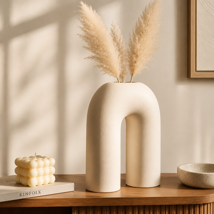 Curved Design Beige Ceramic Flower Vase