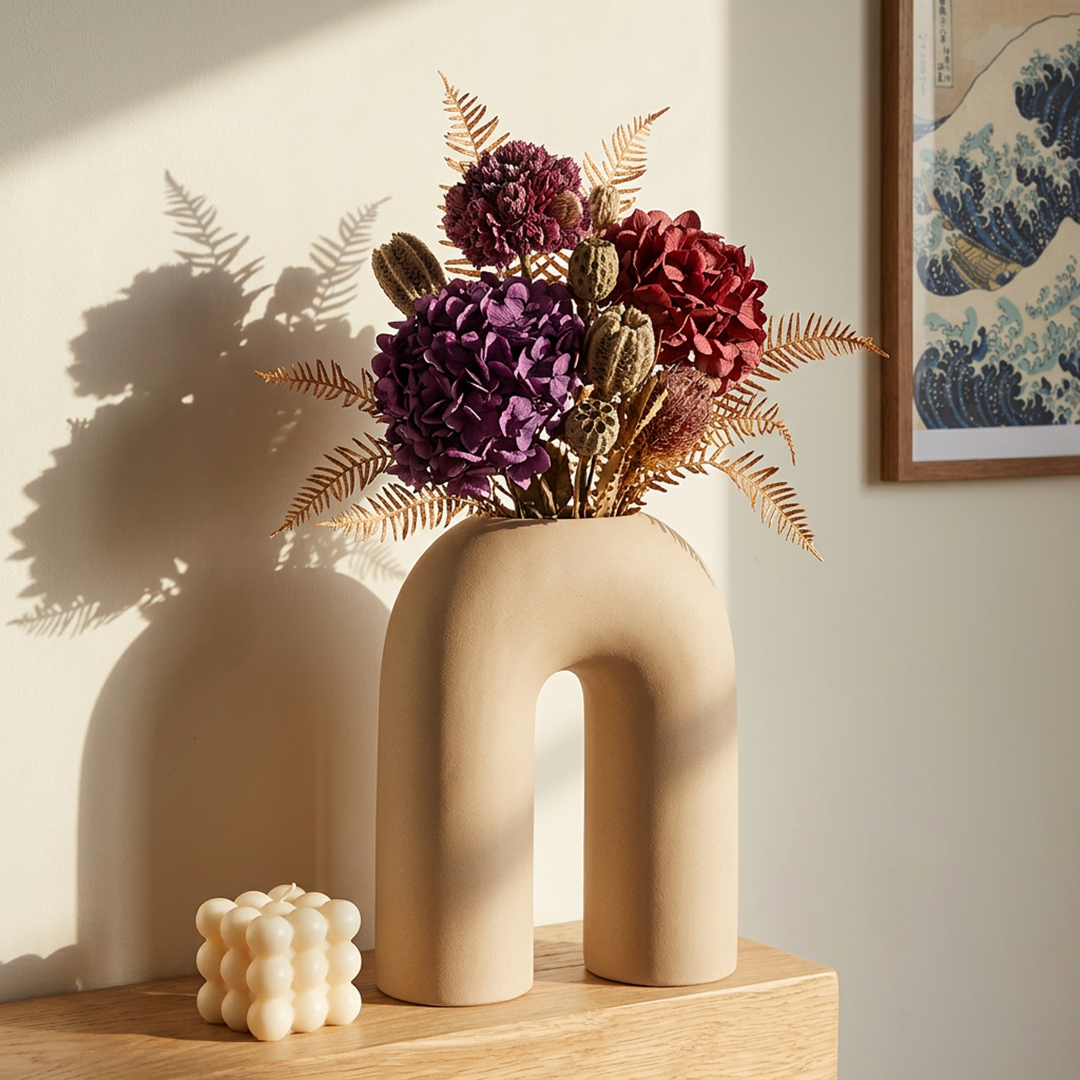 Curved Design Beige Ceramic Flower Vase