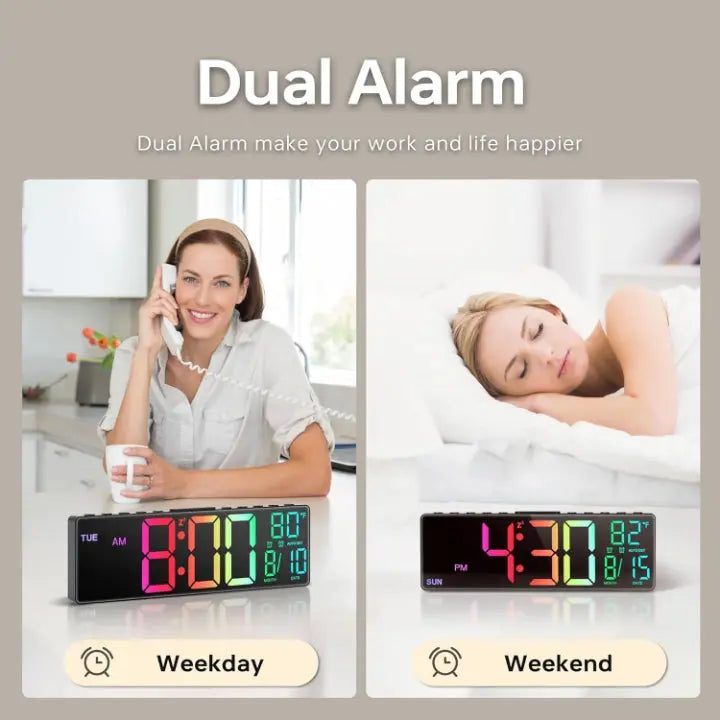 Large LED Wall Clock with Remote Control and RGB Night Light