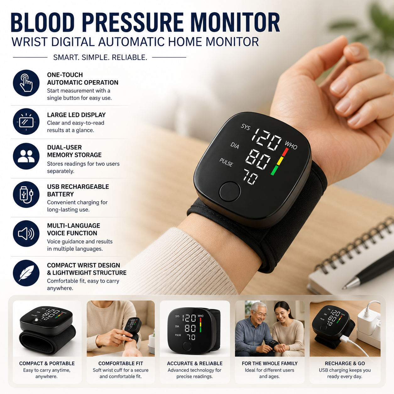 Wrist Blood Pressure Monitor – Portable with One-Touch LED Screen
