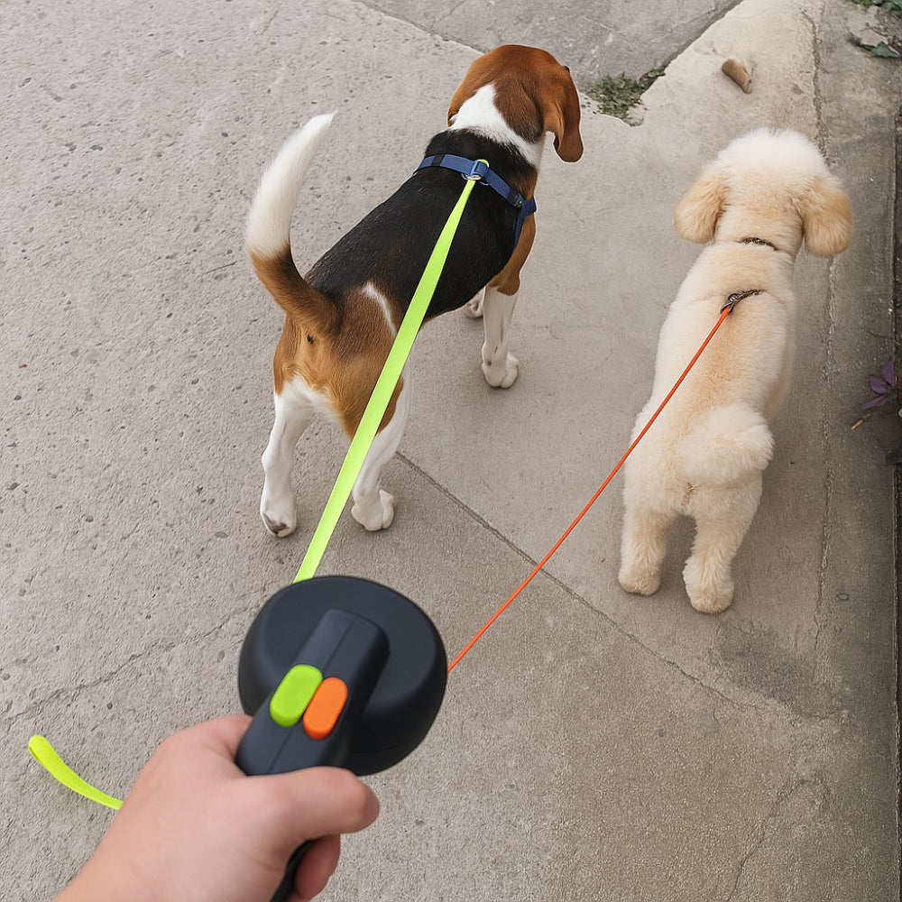 Two-Dog Tangle-Free Leash with Dual Handles and Retractable Feature