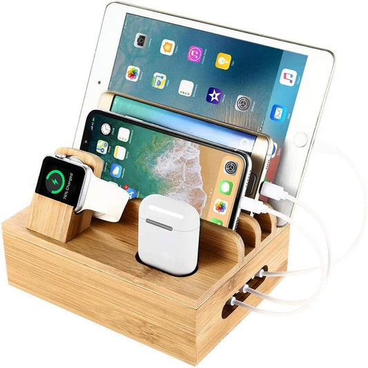 5-Port USB Charging Station with Cable Organizer for 9 Devices in Bamboo