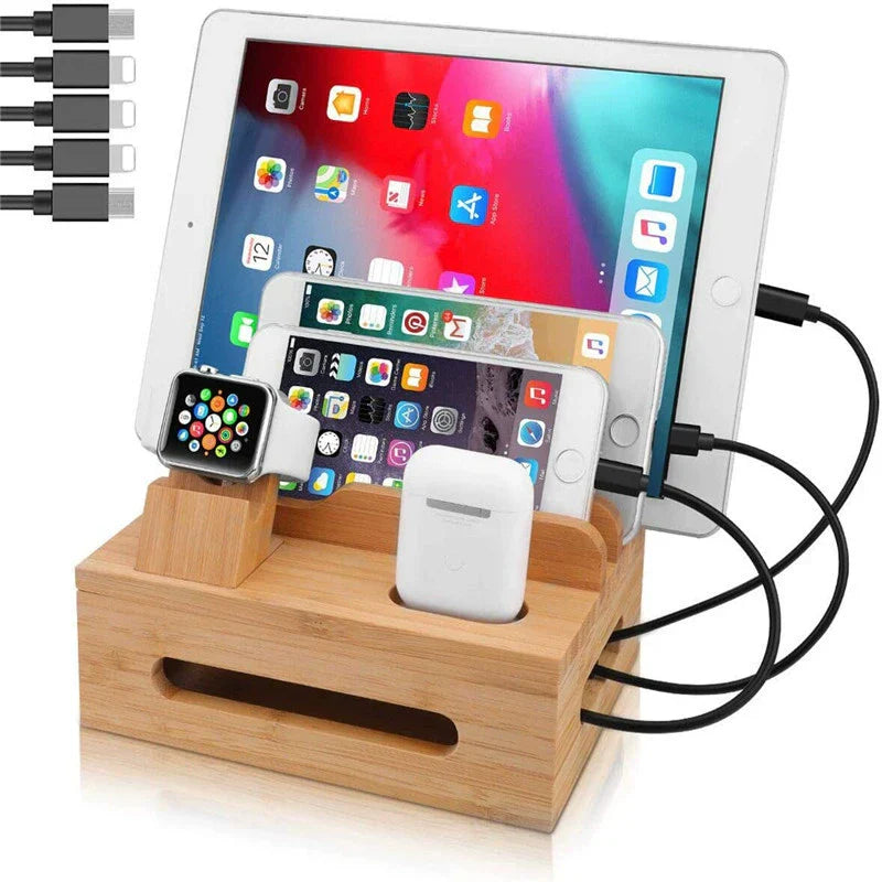 5-Port USB Charging Station with Cable Organizer for 9 Devices in Bamboo