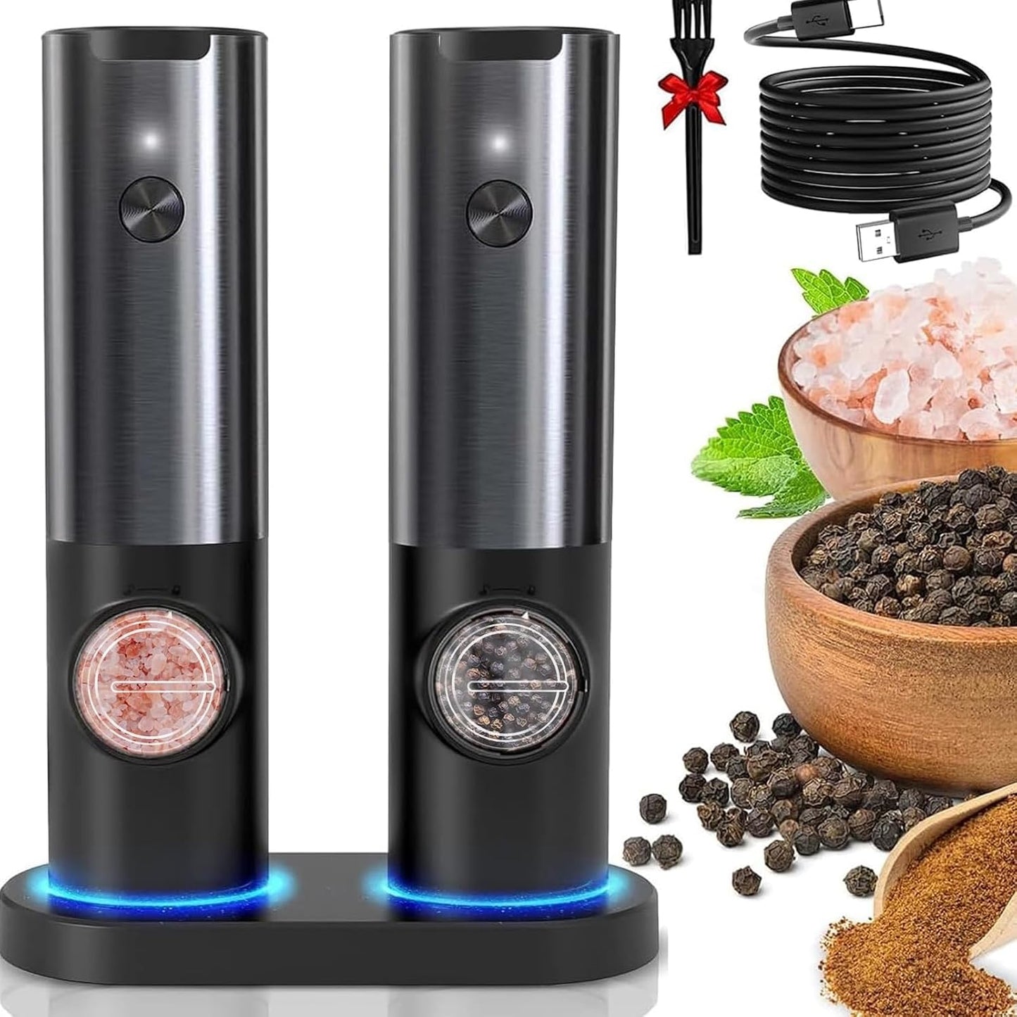 Electric Salt and Pepper Grinder Set with LED Light – One-Handed Use