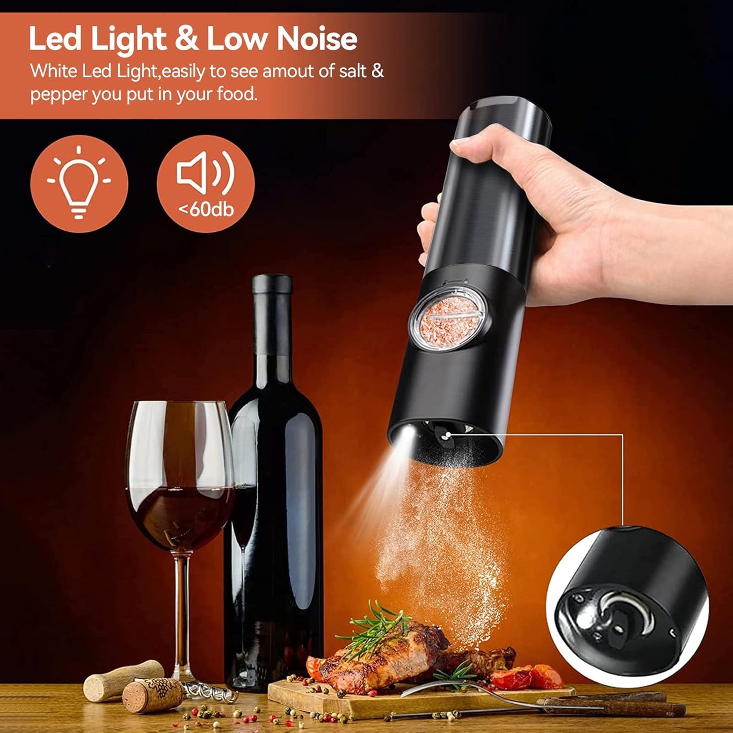 Electric Salt and Pepper Grinder Set with LED Light – One-Handed Use