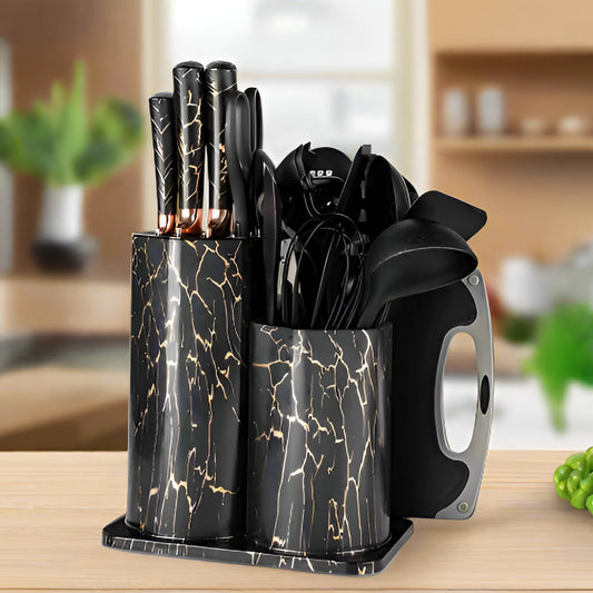 29-Piece Essential Kitchen Tool Set with Ergonomic Design – Black Marble Knife and Utensil Holder