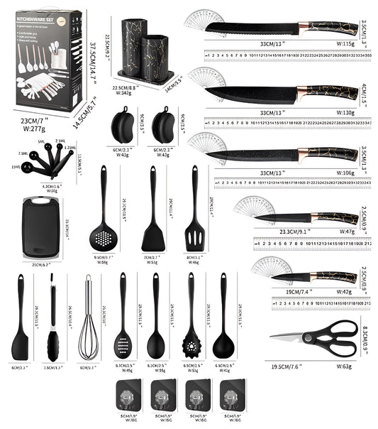 29-Piece Essential Kitchen Tool Set with Ergonomic Design – Black Marble Knife and Utensil Holder