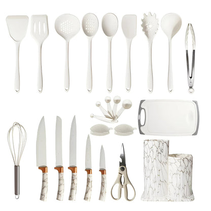 29-Piece Essential Kitchen Tool Set with Ergonomic Design – Black Marble Knife and Utensil Holder