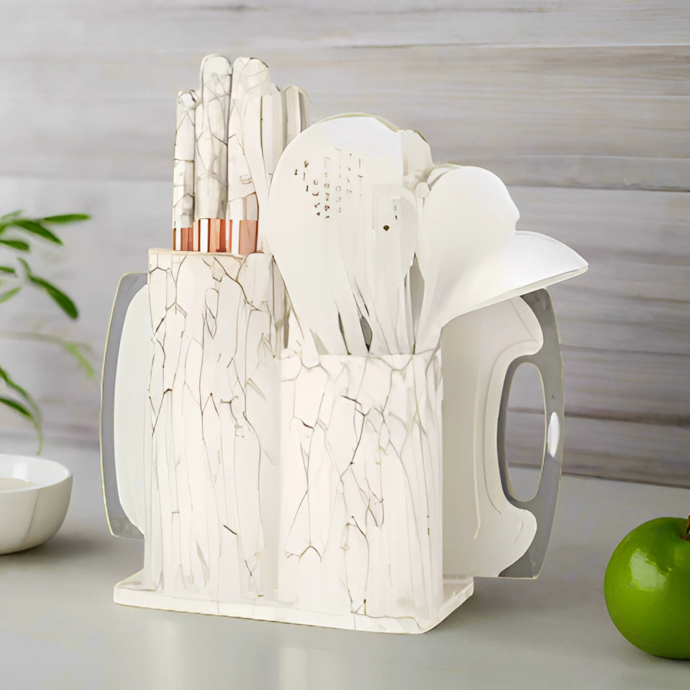 29-Piece Essential Kitchen Tool Set with Ergonomic Design – Black Marble Knife and Utensil Holder