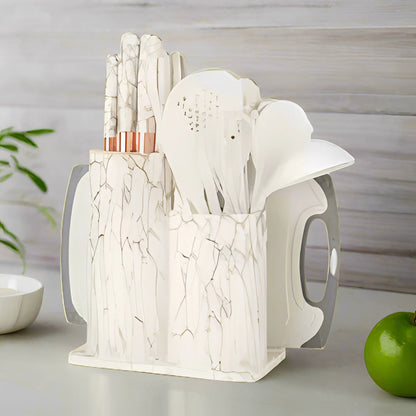29-Piece Essential Kitchen Tool Set with Ergonomic Design – Black Marble Knife and Utensil Holder