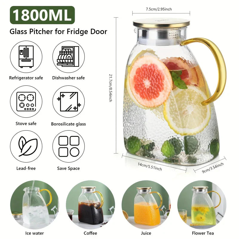 1.8L Glass Beverage Pitcher with Strainer and Lid