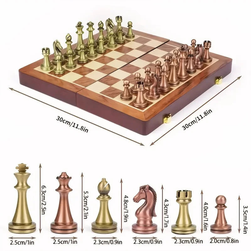 Antique Bronze Chess Pieces with Wooden Folding Board Set