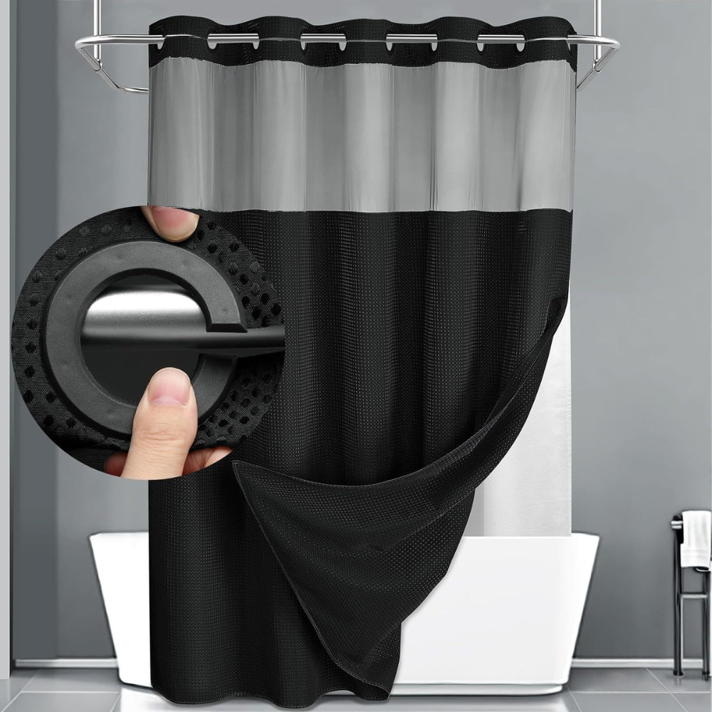 Double Layer Shower Curtain Set with Waffle Texture – Hookless Design