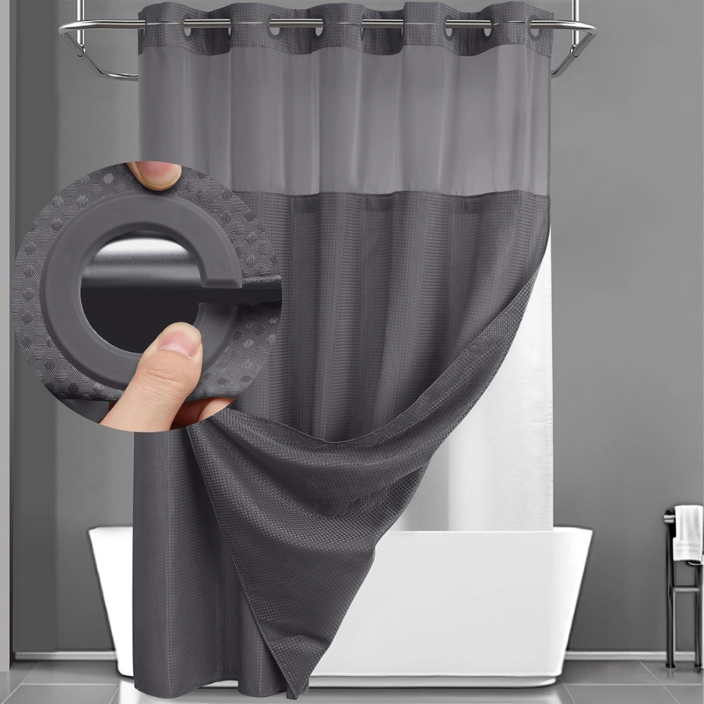 Double Layer Shower Curtain Set with Waffle Texture – Hookless Design