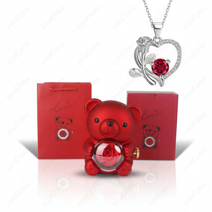 Zircon Pendant Necklace in Heart Shape with Rose Bear Gift Packaging