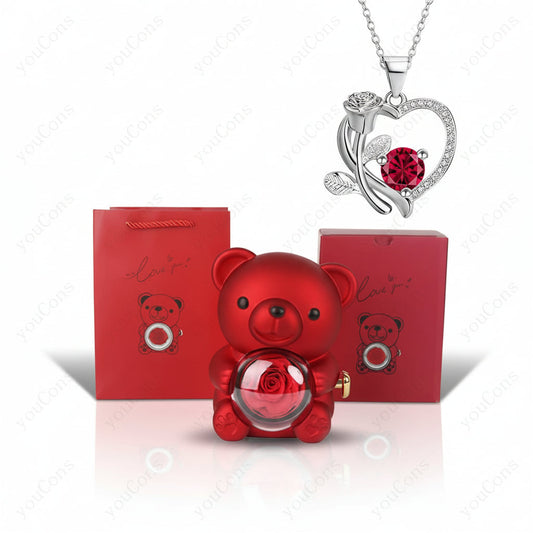 Zircon Pendant Necklace in Heart Shape with Rose Bear Gift Packaging