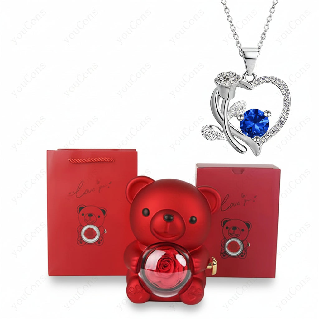 Zircon Pendant Necklace in Heart Shape with Rose Bear Gift Packaging