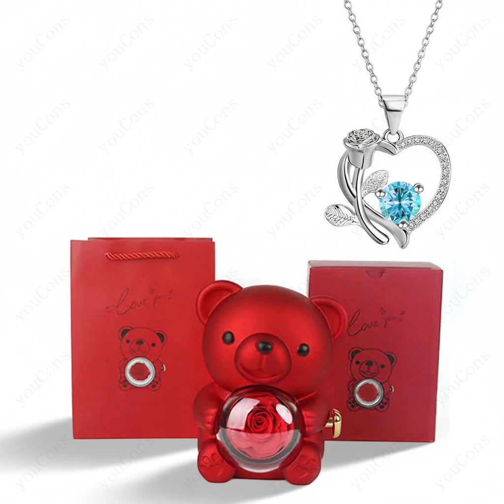 Zircon Pendant Necklace in Heart Shape with Rose Bear Gift Packaging