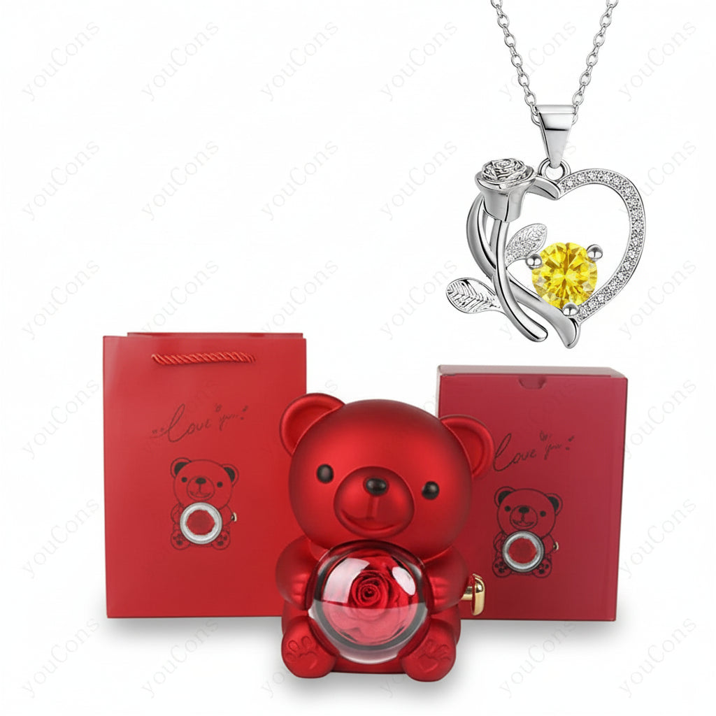 Zircon Pendant Necklace in Heart Shape with Rose Bear Gift Packaging