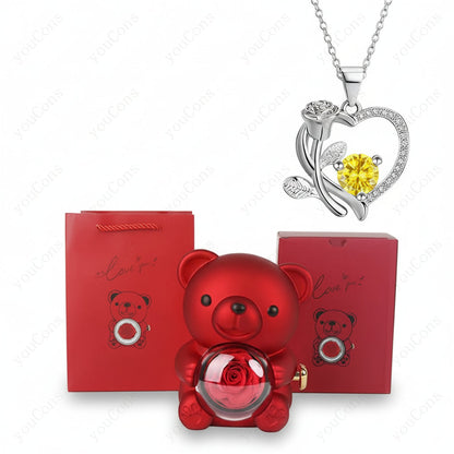 Zircon Pendant Necklace in Heart Shape with Rose Bear Gift Packaging