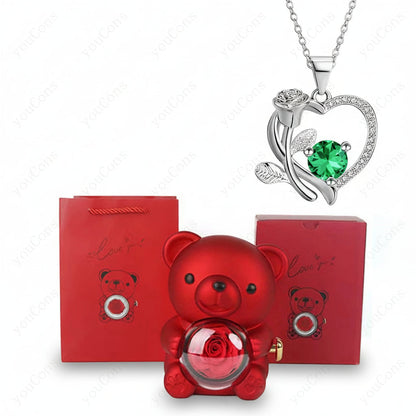 Zircon Pendant Necklace in Heart Shape with Rose Bear Gift Packaging
