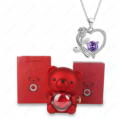 Zircon Pendant Necklace in Heart Shape with Rose Bear Gift Packaging