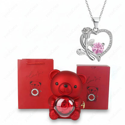 Zircon Pendant Necklace in Heart Shape with Rose Bear Gift Packaging