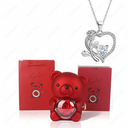 Zircon Pendant Necklace in Heart Shape with Rose Bear Gift Packaging