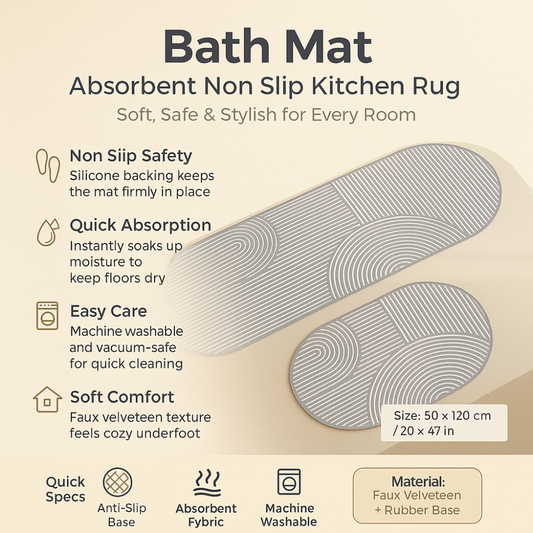 Absorbent Modern Bath Mat - Soft Velvet Non-Slip Surface