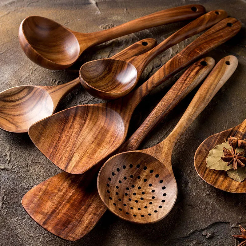 Versatile Kitchen Utensil Set - 7 Pieces of Teak Wood Tools