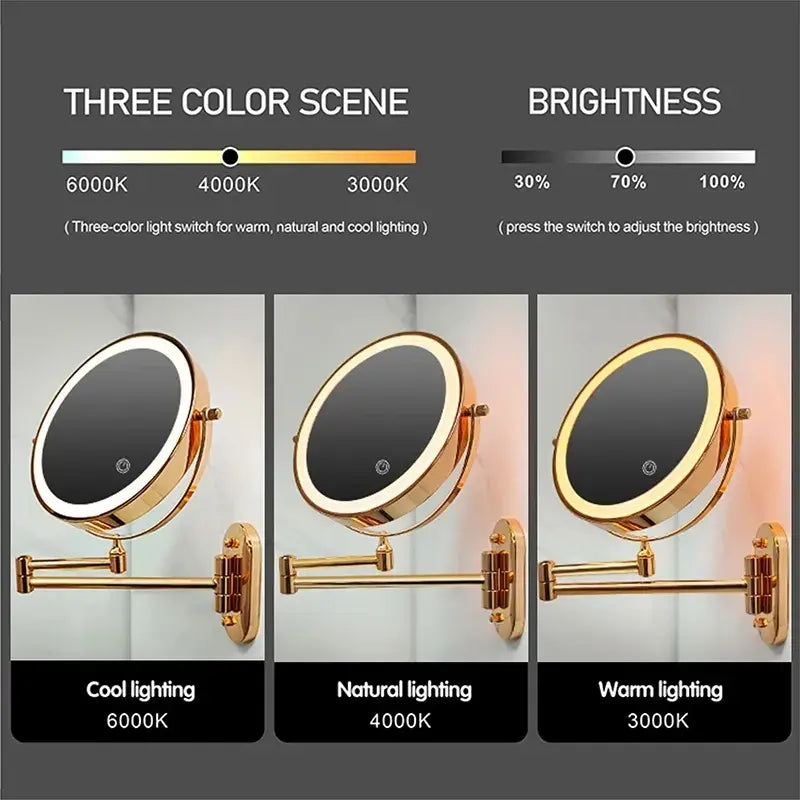Wall-Mounted Vanity Mirror with 10X Magnification and Brightness Control