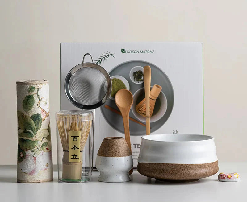 Ceramic Tea Set for Matcha Making – 8 Pieces with Bamboo Whisk