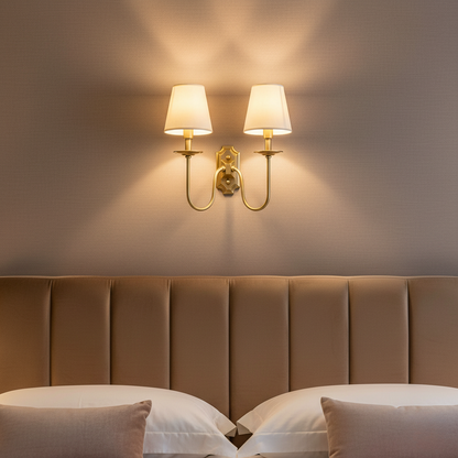 Classic Wall Light with Fabric Shades – Timeless Brass Fixture