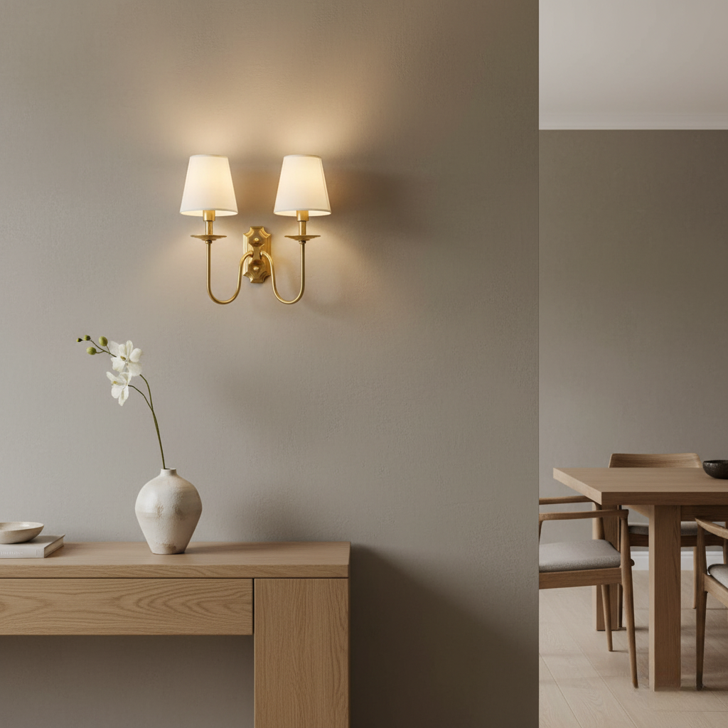 Classic Wall Light with Fabric Shades – Timeless Brass Fixture
