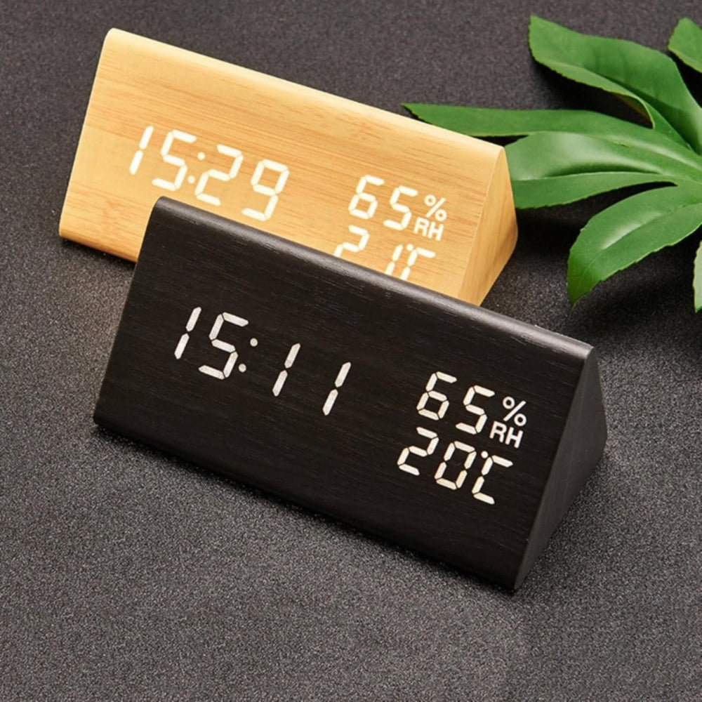 LED Alarm Clock with HD Display, Brightness Adjustment, and Wooden Design