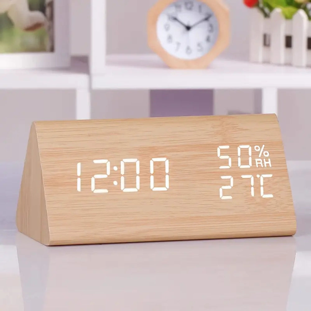 LED Alarm Clock with HD Display, Brightness Adjustment, and Wooden Design
