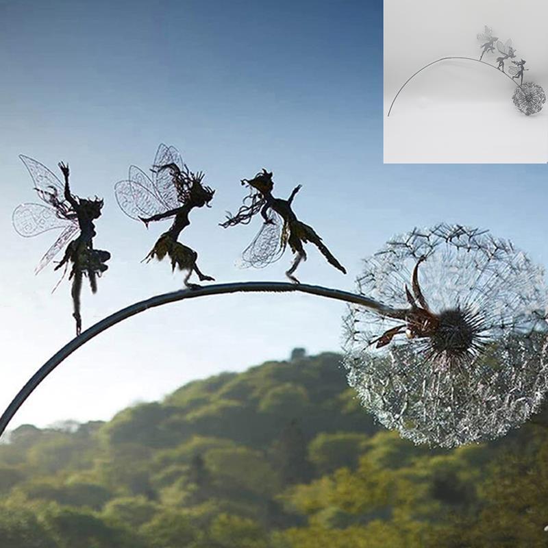Outdoor Metal Sculpture of Fairy and Dandelion Dance for Garden