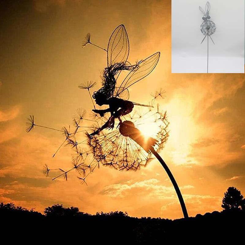 Outdoor Metal Sculpture of Fairy and Dandelion Dance for Garden