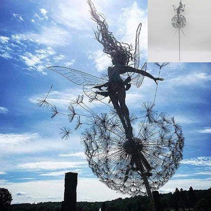 Outdoor Metal Sculpture of Fairy and Dandelion Dance for Garden