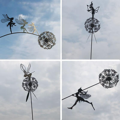 Outdoor Metal Sculpture of Fairy and Dandelion Dance for Garden