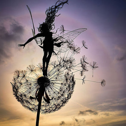 Outdoor Metal Sculpture of Fairy and Dandelion Dance for Garden