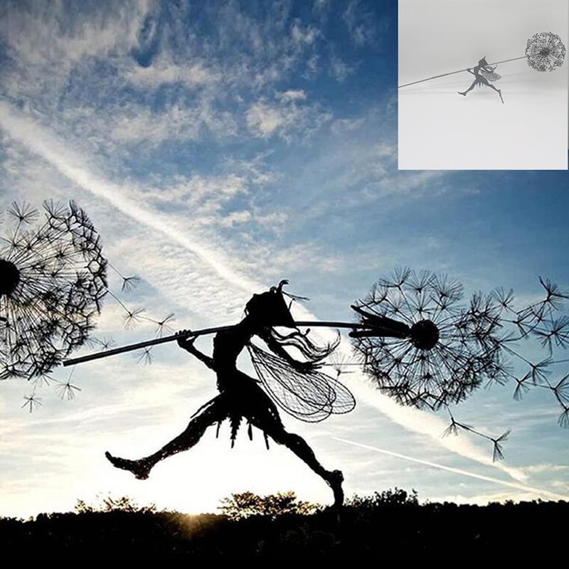 Outdoor Metal Sculpture of Fairy and Dandelion Dance for Garden