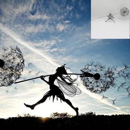 Outdoor Metal Sculpture of Fairy and Dandelion Dance for Garden