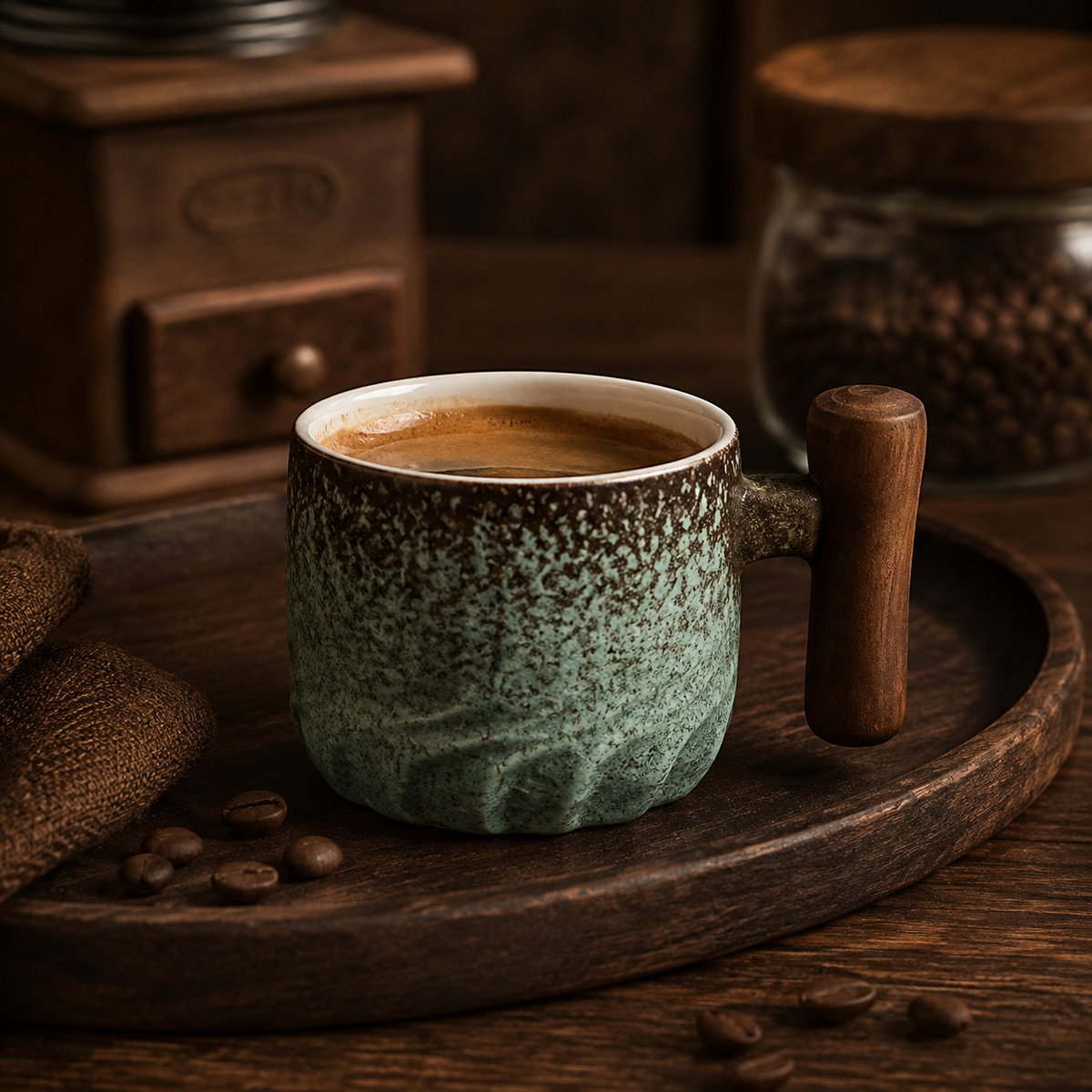 Ceramic Coffee Cups 80ml with Wooden Handle – Vintage Style in Black, Blue, Green for Home and Café