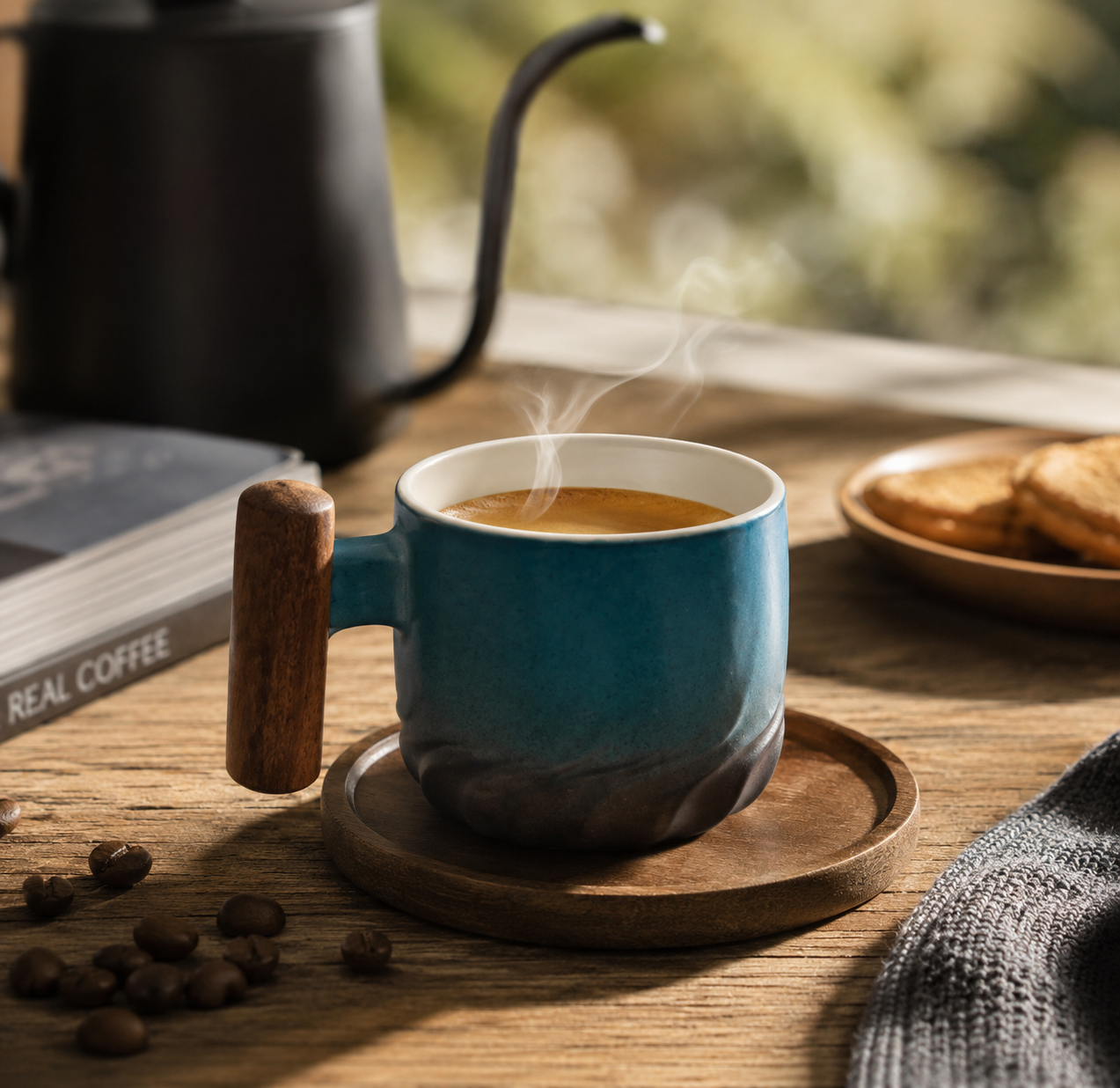 Ceramic Coffee Cups 80ml with Wooden Handle – Vintage Style in Black, Blue, Green for Home and Café